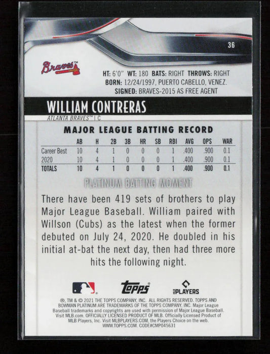 William Contreras 2021 Bowman Platinum 36 NM - Kang's Collectibles