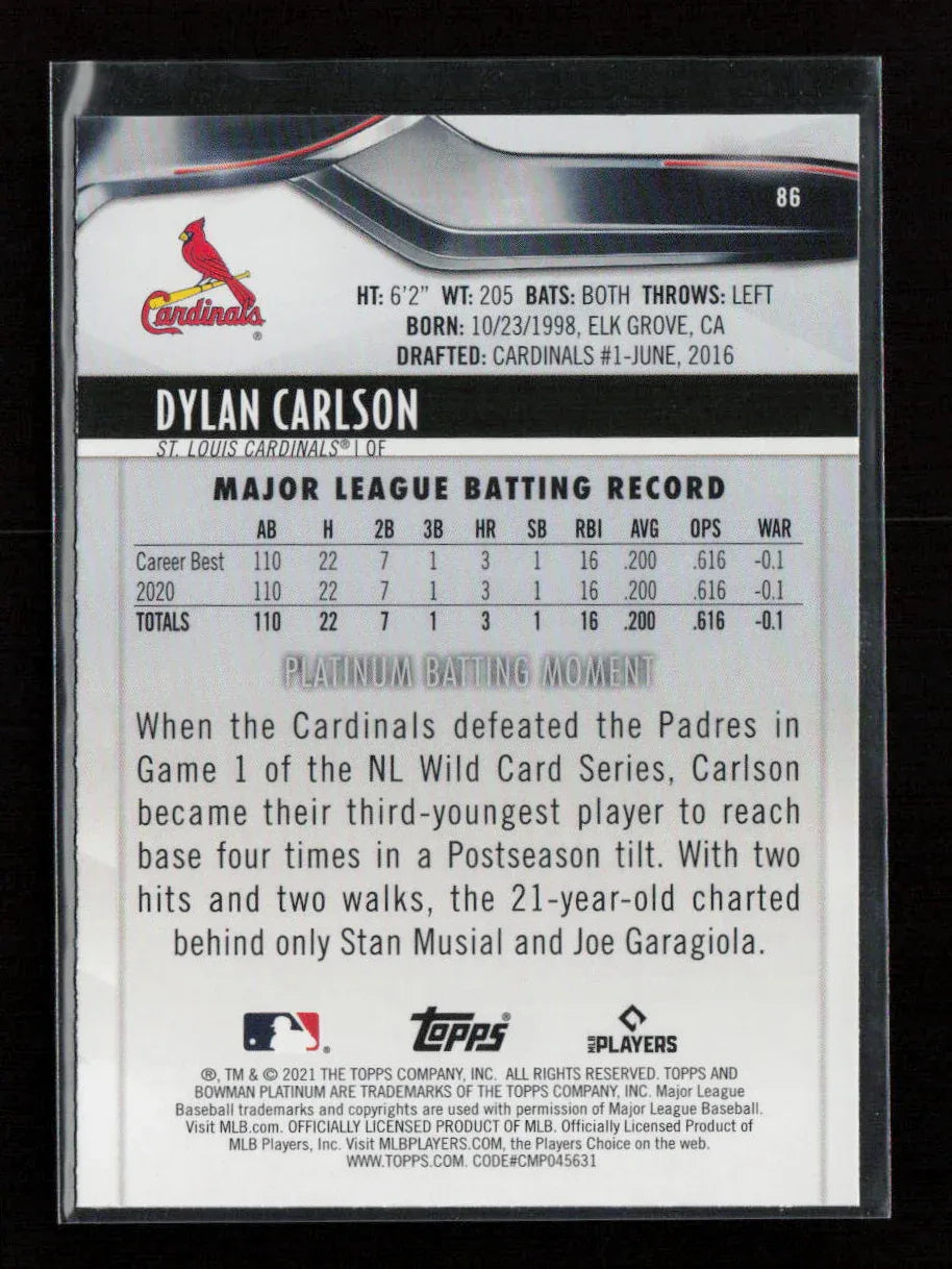 Dylan Carlson 2021 Bowman Platinum 86 NM - Kang's Collectibles