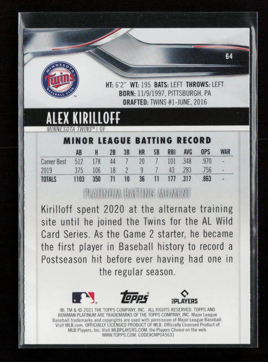 Alex Kirilloff 2021 Bowman Platinum 64 NM - Kang's Collectibles