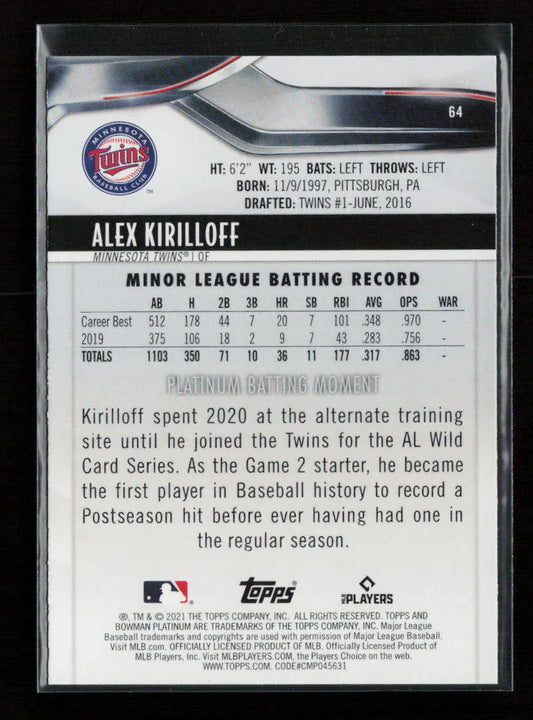 Alex Kirilloff 2021 Bowman Platinum 64 NM - Kang's Collectibles