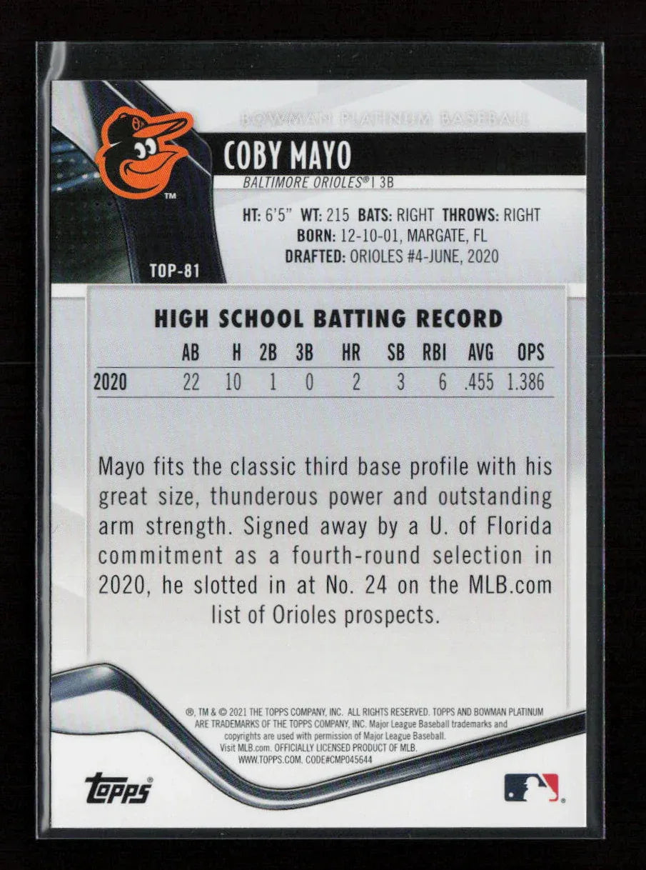 Coby Mayo 2021 Bowman Platinum Top Prospects TOP-81 NM - Kang's Collectibles