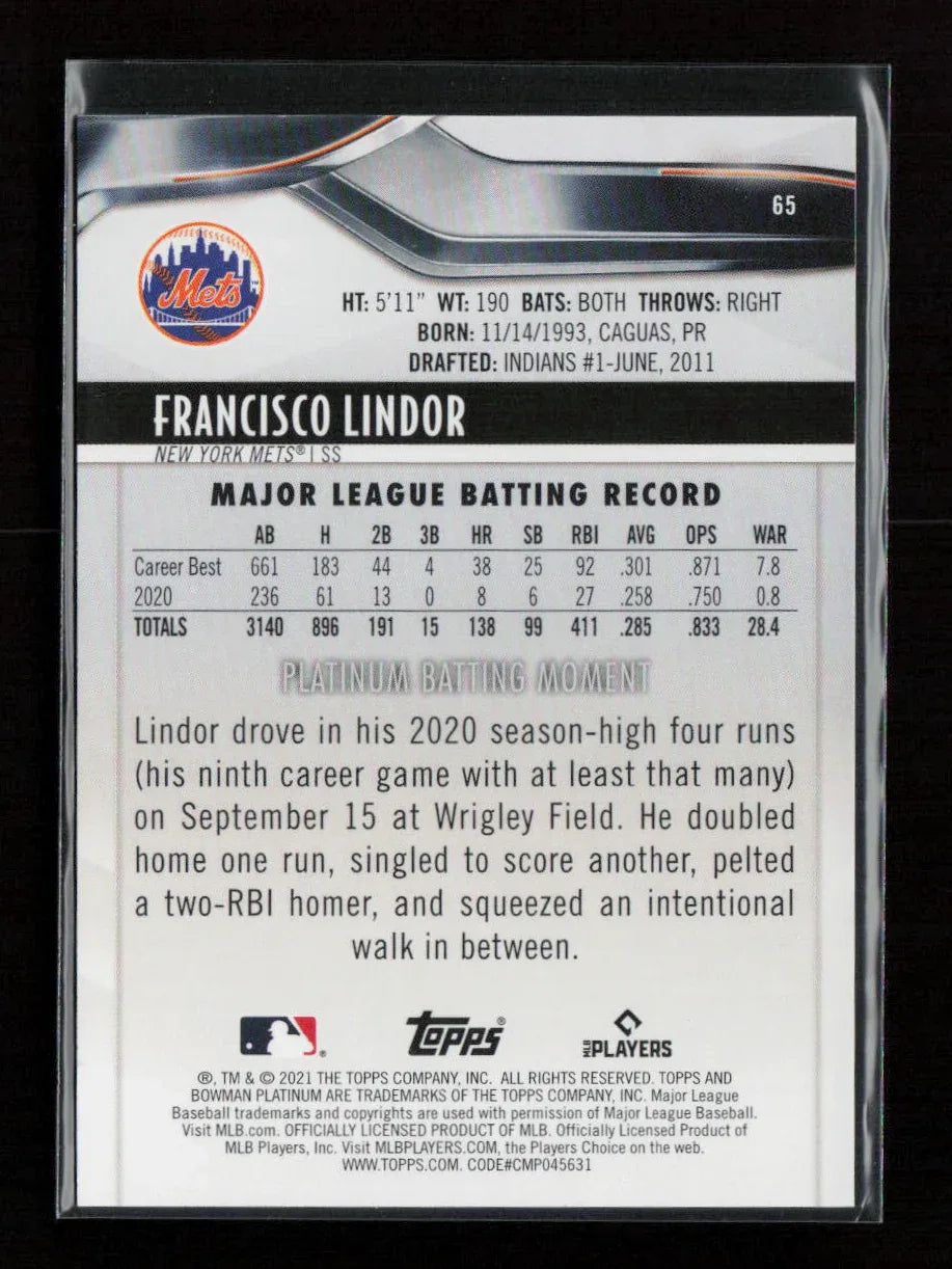 Francisco Lindor 2021 Bowman Platinum 65 NM - Kang's Collectibles