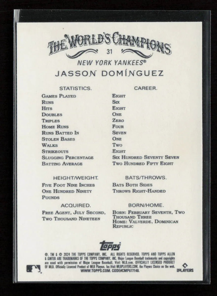 Jasson Dominguez 2024 Topps Allen & Ginter 31 NM - Kang's Collectibles