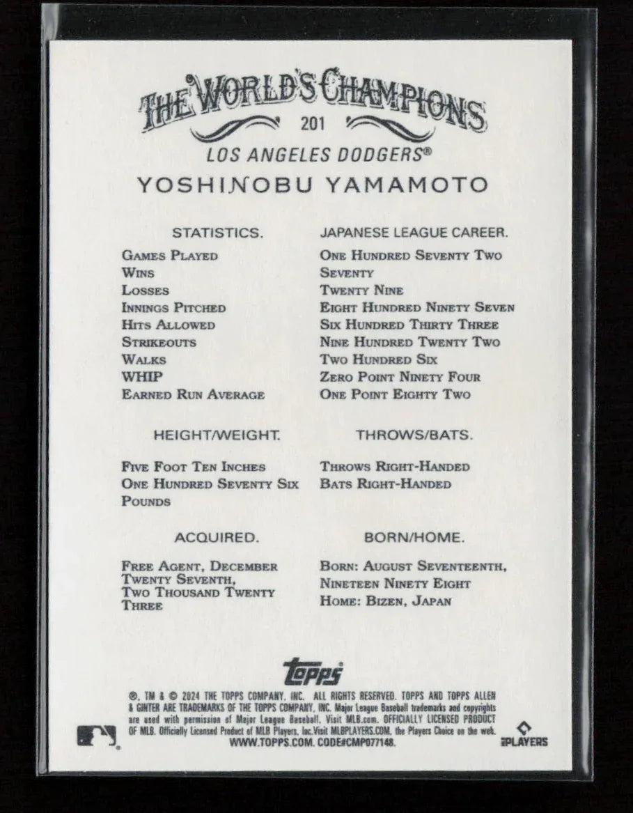 Yoshinobu Yamamoto 2024 Topps Allen & Ginter 201 NM - Kang's Collectibles
