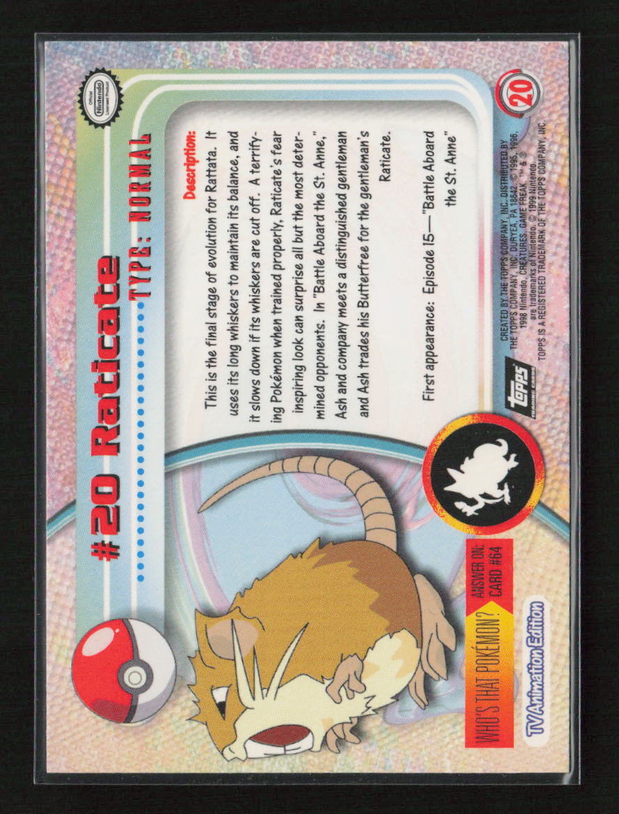 Raticate Pokemon 1999 Topps TV 20 NM (Back)